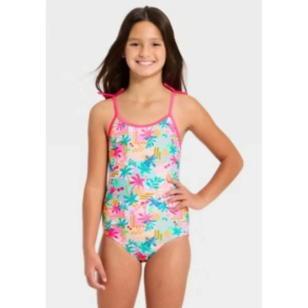 Cat‎ & Jack Girls Tropical Palm Tree One Piece Swimsuit Pink Green L 10/12 NWT
